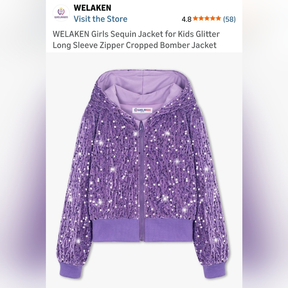 WELAKEN Lavender Sequin Cropped Bomber Jacket